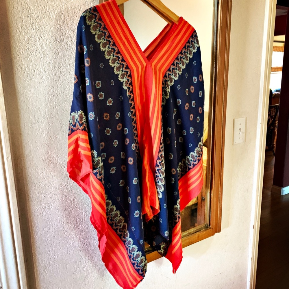 Tunic. Ocean blue, coral border.